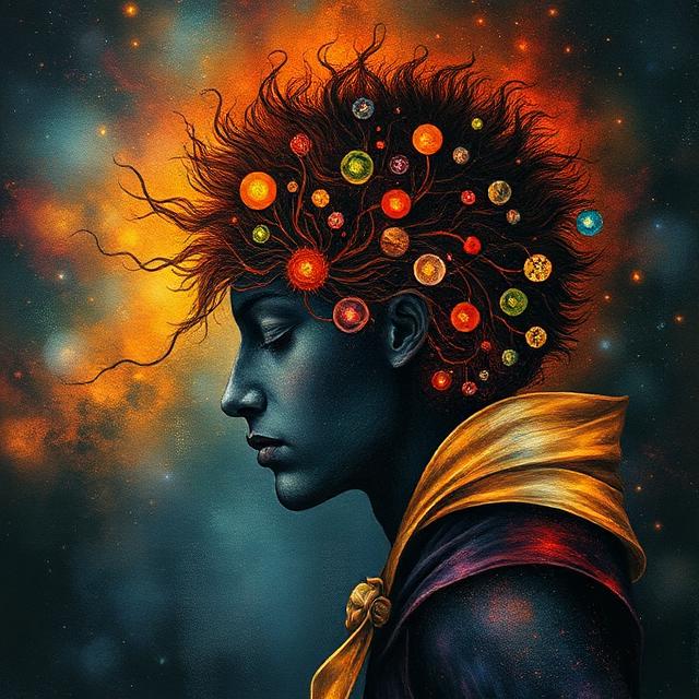 Person with cosmic, colourful hair, representing psycho-spiritual access to higher planes of existence.