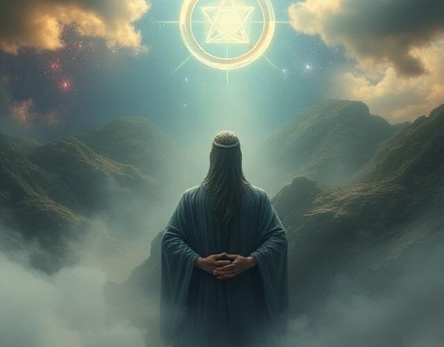 A mystical scene with a dark hooded figure standing below a sun abd cloud filled blue sky.