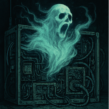 A ghost emerging from a futuristic looking machine.