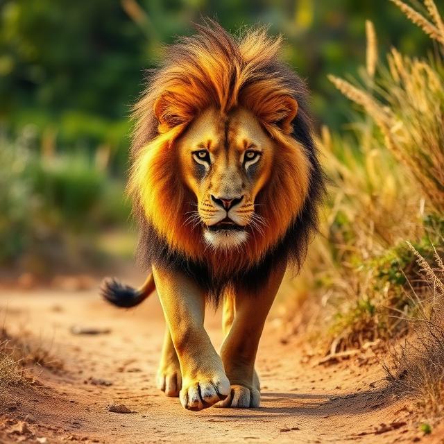 Majestic lion walking confidently on a pat towards the viewer.