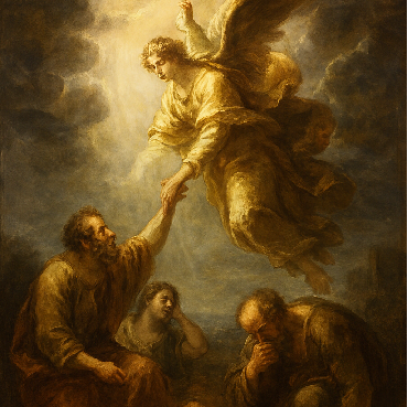 An angel reaching down to offer aid to a man - reminiscent of Michaelangelo's painting in the Sistine Chapel.
