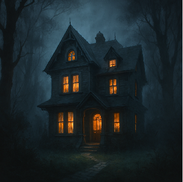 An eerie ;ooking house at night, with orange light illuminating the windows from within.