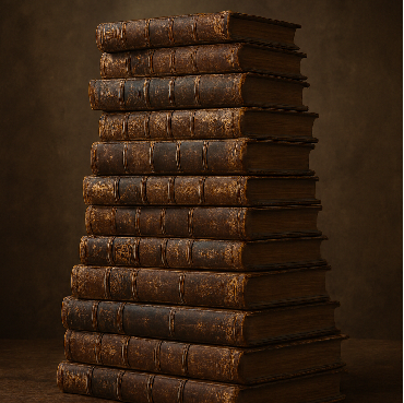 A stack of ancient, leather-bound books representing the foundation of the archive