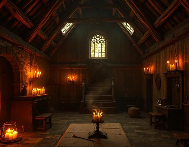 A rickety room made of wood, possibly a glloomy attic, with torches affixed to the walls, evoking a liminal and forboding feeling.